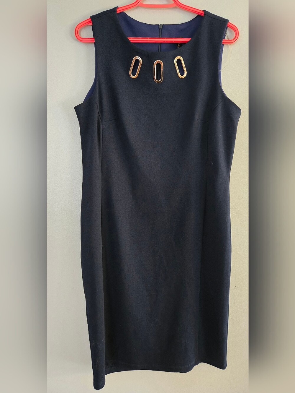 Lory M Navy Stretch Dress Size L Gold Eyelet Detail